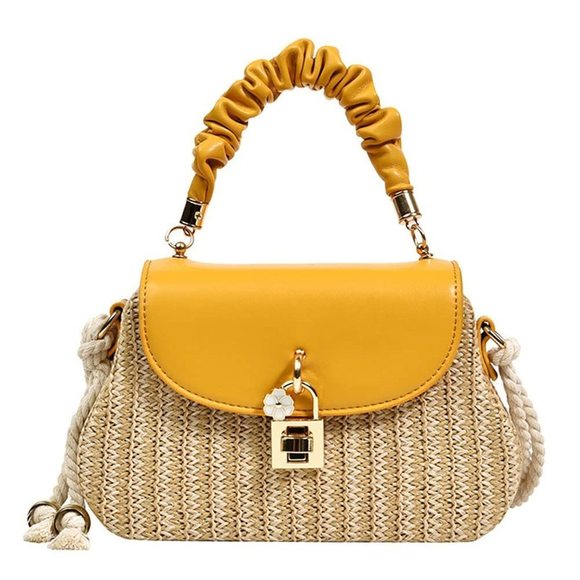 Һаlеmеt Handbags - Straw Crossbody Bag Hand Woven Shoulder Bag Leather Top Handle >:(